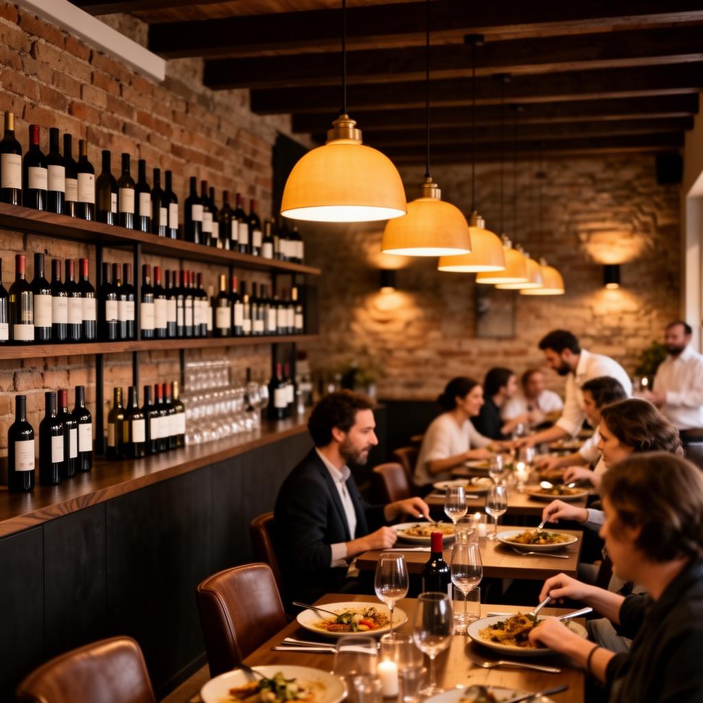 Interior acolhedor da taberna com madeira escura e luz quente