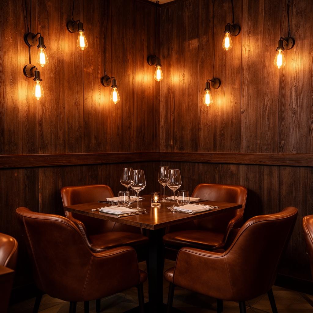 Canto íntimo da taberna com cadeiras de couro e luz de Edison