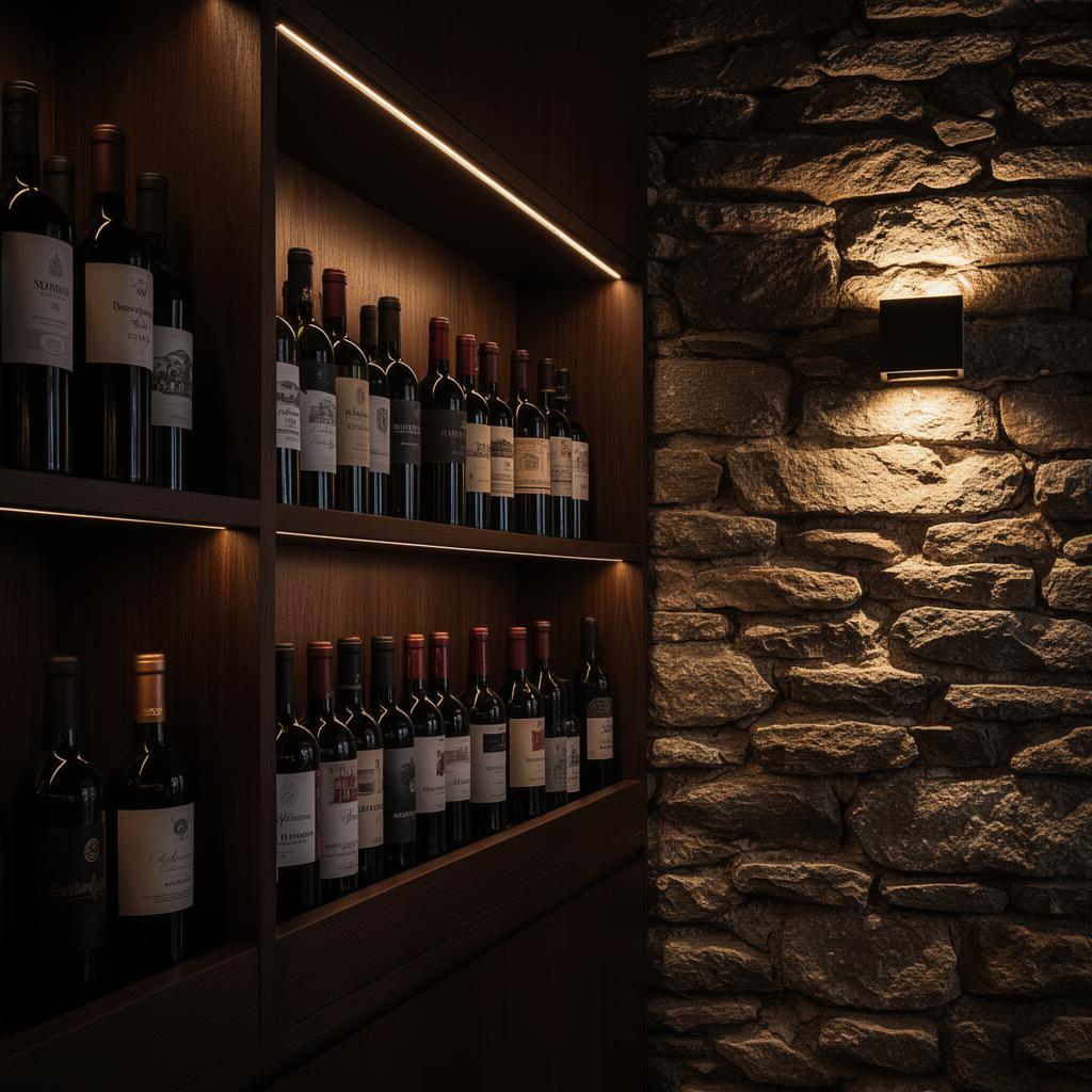 Garrafeira de pedra e madeira iluminada na taberna