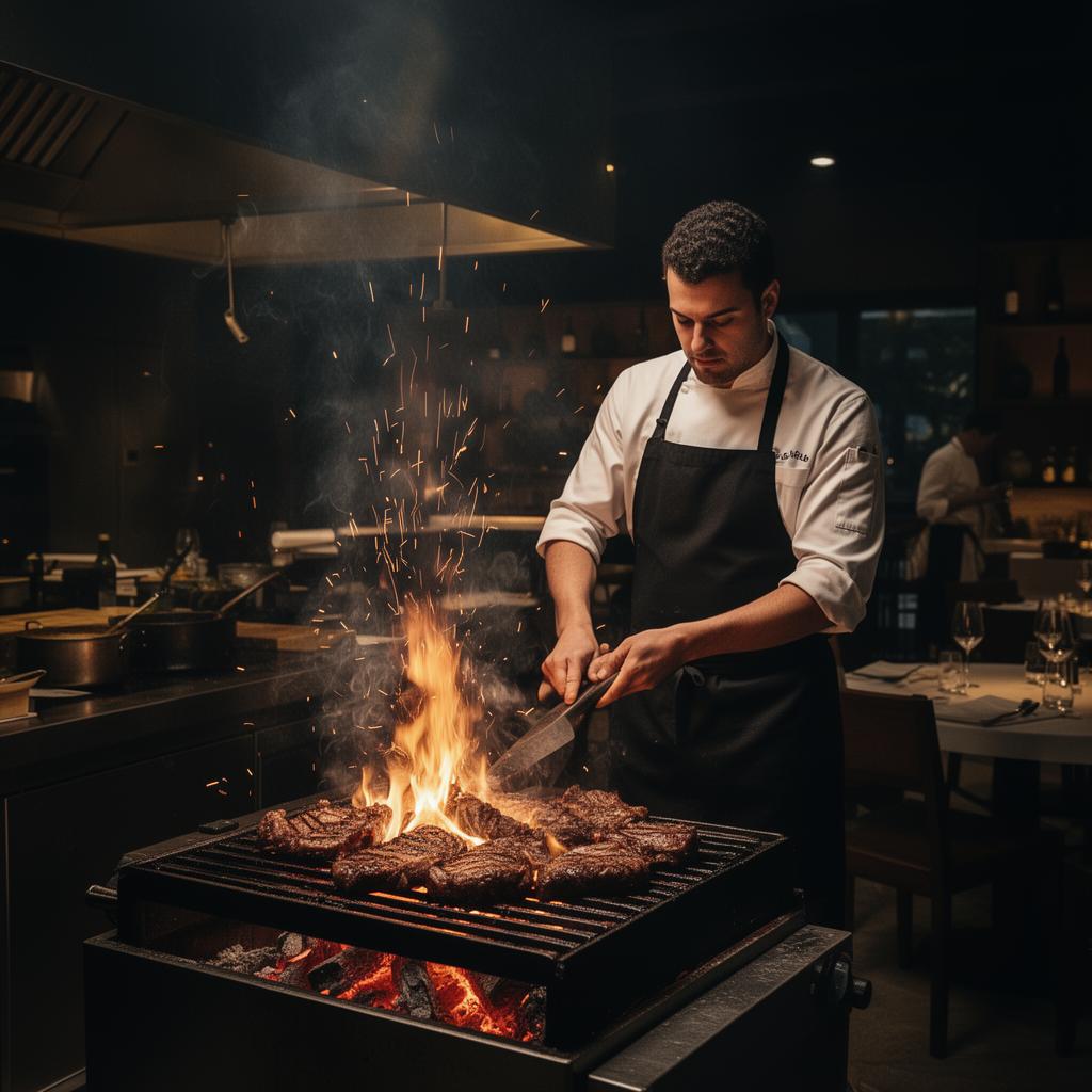 Chefe a grelhar carne sobre o fogo na cozinha aberta